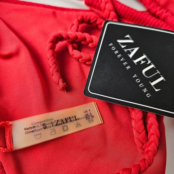 Zaful Womens Red Ribbed Cutout Bikini Set Size Small Tie Back Sexy Beach Pool - Picture 4 of 5